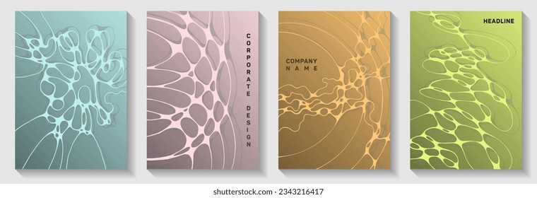 Visual model concept abstract vector covers. flexible curve lines fusion backdrops. Modern magazine vector layouts. Radiology cover pages graphic design set.