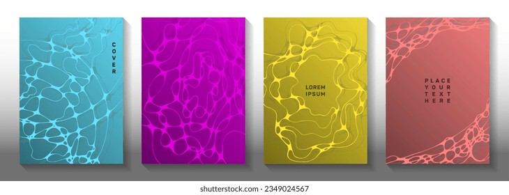 Visual model concept abstract vector covers. Complex curve lines blockchain backdrops. Minimalist magazine vector layouts. Radiology cover pages graphic design set.