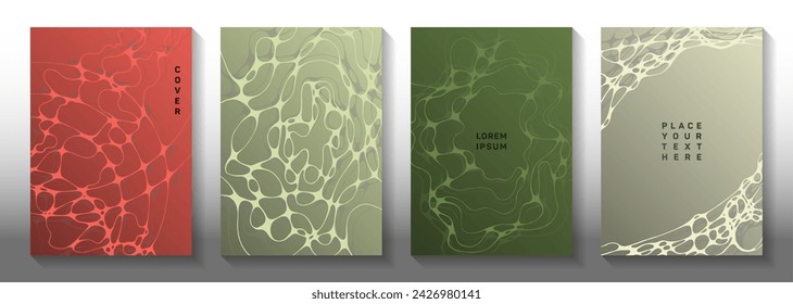 Visual model idea abstract vector covers. Dynamic curve lines ornament backgrounds. Vibrant magazine vector templates. Science fiction cover pages graphic design set.
