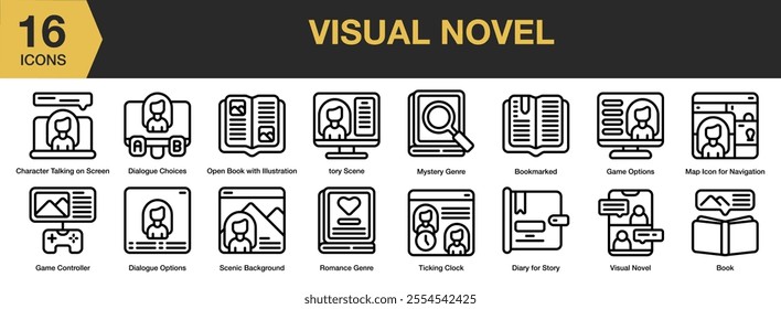 Visual Novel icon set. Includes dialogue choice, game options, bookmarked, tory scene, book, romance genre, and More. Outline icons vector collection.