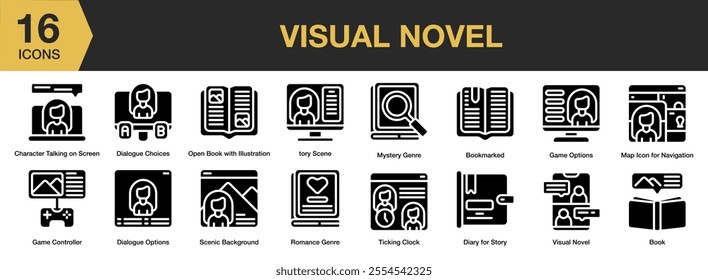 Visual Novel solid icon set. Includes dialogue choice, game options, bookmarked, tory scene, book, romance genre, and More. Solid icons vector collection.