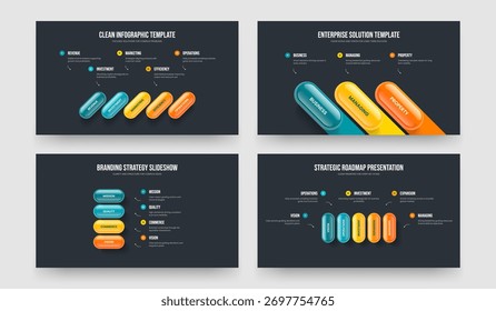 Visual Overview 5 3 4 Step Infographic Frame Template Bundle. Corporate Portfolio Five Three Four Element Diagram Slide Layout Vector Illustration Set.