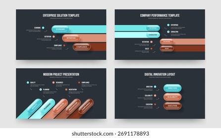 Visão geral visual Três Quatro Cinco Opções Diagrama Slideshow Design Vetor Illustration Bundle. Proposta Criativa 3 4 5 Elemento Infográfico Apresentação Layout Set.
