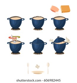Visual phased cooking instruction for Infographic or manual with pot on fire isolated flat icons vector illustration