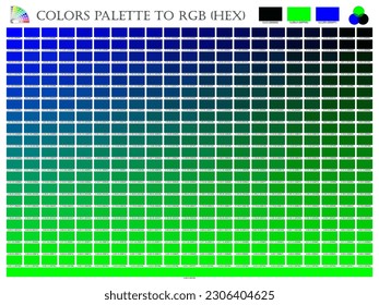 Visual picture color palette mixer 3 color (Black , Blue and Green) RGB mode and HEX mode in composition shade chart conform to description guide on white background of vector illustrator