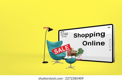 Visual picture example exhibition center for furniture decorations interior design, concept advertising furniture modern living room shopping online on application mobile phone. Vector illustration