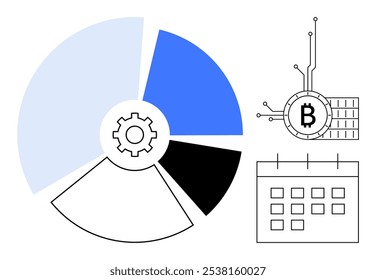 Visual con un gráfico circular, símbolo de Bitcoin integrado en un microchip y un calendario. Ideal para finanzas, tecnología, criptomonedas, análisis de datos, planificación de inversiones. Estilo sencillo y moderno