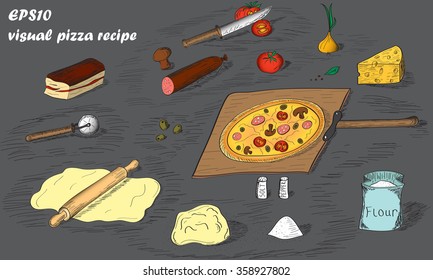 Visual pizza recipe doodle. Ingredients for pizza pattern. Traditional Italian food