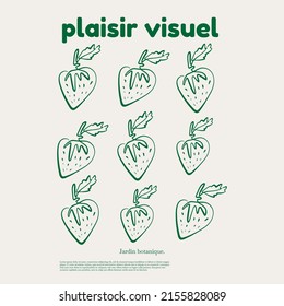 Visual pleasure. Botanical garden. Vector hand drawn minimalistic placard with illustration of strawberry. Creative artwork . Template for card, poster, banner, print for t-shirt, pin, badge, patch.