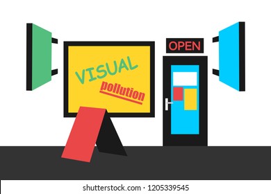 Visual pollution - ugly street with no aesthetics - advertising placards, billboards, shop window. Urban ugliness. Vector illustration