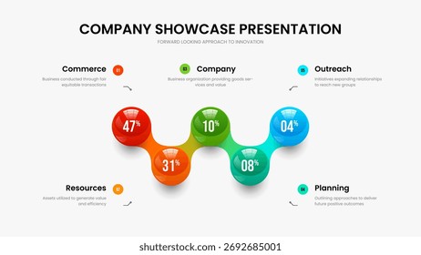 Visual Portfolio Five Step Diagram Slideshow Layout. Consulting Review 5 Element Graph Presentation Design. Business Forecast Frame Template Vector Illustration.
