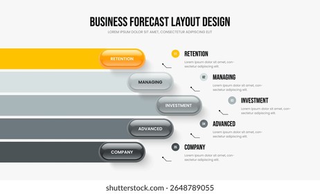 Visual Portfolio Slideshow Template Vector Illustration. Modern Briefing Five Element Infographic Presentation Design. Sales Campaign 5 Step Diagram Slide Layout.