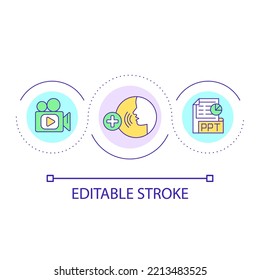 Visual presentation with voice over loop concept icon. Narrative record. Online tutorial type abstract idea thin line illustration. Isolated outline drawing. Editable stroke. Arial font used