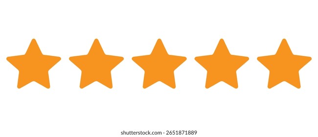 Visual presents five golden stars aligned horizontally. This image is isolated with a clean transparent backdrop, enhancing its versatility.