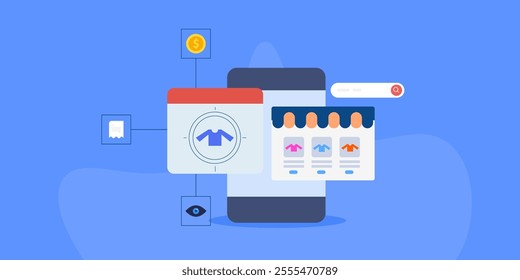 Visual product search, Similar product search on search engine, Mobile app searching visually similar products - vector illustration with icons