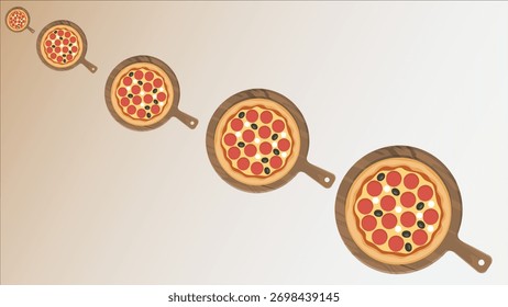 Uma progressão visual mostrando várias pizzas, cada uma em uma casca de madeira e aumentando de tamanho, arranjadas diagonalmente. Isso ilustra crescimento, variedade ou uma sequência de opções.