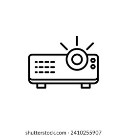 Icono de línea del proyector visual. Icono del equipo de proyección de vídeo en color blanco y negro.