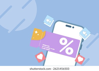 Visual promo code concept. Discount ticket with coupon icon, voucher elements for online shopping, seasonal offers and digital store deals. Discount ticket icon. Flat design vector illustration.