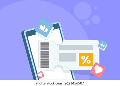 Visual promo code concept. Discount ticket with coupon icon, voucher elements for online shopping, seasonal offers and digital store deals. Discount ticket icon. Flat design vector illustration.