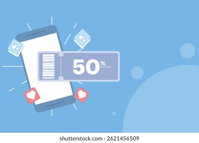 Visual promo code concept. Discount ticket with coupon icon, voucher elements for online shopping, seasonal offers and digital store deals. Discount ticket icon. Flat design vector illustration.