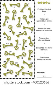 Visual puzzle for adults (children are welcome, too): Find two identical keys. Plus same task text in Russian, German, French, Spanish, Polish. Answer included.
