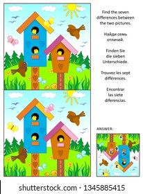 Visual puzzle with birdhouses, birds and nestlings: Find the seven differences between the two pictures. Same task text in Russian, German, Spanish, French. Answer included.