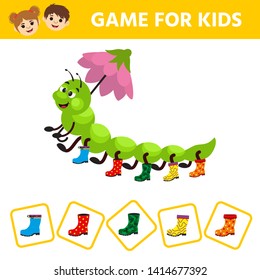 Visual puzzle with сaterpillar - a centipede in miscellaneous rubber boots. Match the pairs. Find the gumboot that has no pair. Children funny riddle entertainment.