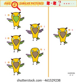 Visual puzzle for children. Find two identical bird