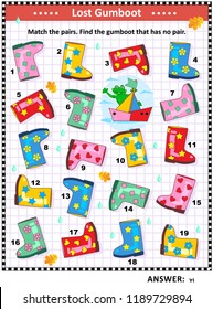 Visual puzzle with colorful rubber boots: Match the pairs. Find the gumboot that has no pair. Answer included.