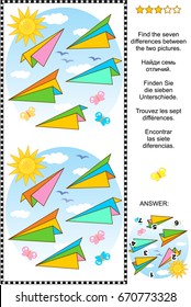 Visual puzzle: Find the seven differences between the two pictures of colorful paper planes flying in the air. Same task text in Russian, German, Spanish and French. Answer included.