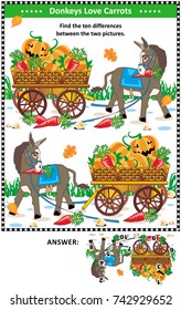 Visual puzzle: Find the ten differences between the two mirrored pictures with donkey and wagon full of pumpkins and carrots. Answer included.
