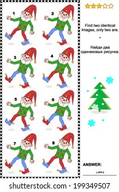 Visual puzzle: Find two identical images of cheerful gnomes. Answer included. 