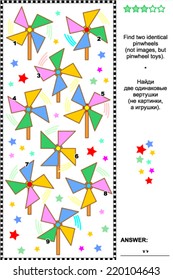 Visual puzzle: Find two identical pinwheel toys. Answer included. 