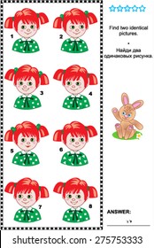 Visual puzzle: Find two identical pictures of girls with red hair and green eyes. Answer included.
