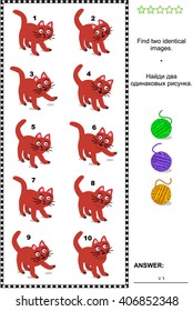 Visual puzzle: Find two identical images of red cats. Plus same task text in Russian. Answer included.
