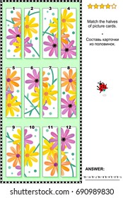 Visual puzzle with gerbera daisy flowers: Match the halves of picture cards. Same task text in Russian. Answer included.
