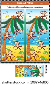 Visual puzzle with happy playful monkeys on the beach and coconut palms: Find the ten differences between the two pictures. Answer included.