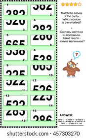 Visual puzzle: Match the halves of the cards. Which number is the smallest? Plus same task text in Russian. Answer included.
