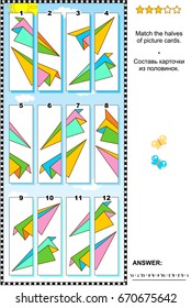 Visual puzzle: Match the halves of cards with colorful paper planes. Answer included.
