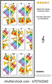 Visual puzzle: Match the halves of cards with colorful toy musical instruments. Answer included.
