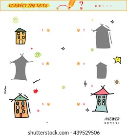 Visual puzzle - Match the pictures of houses to their shadows. Game for ingenuity for preschool child with cartoon cartoon houses
