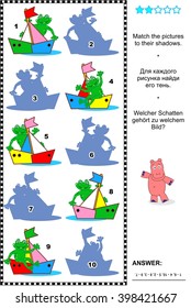 Visual puzzle: Match the pictures of yachts and frogs to their shadows. Answer included.
