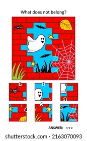 Visual puzzle with picture fragments. Halloween ghost in tne night, red brick wall ruin, spider, bats. What does not belong?
