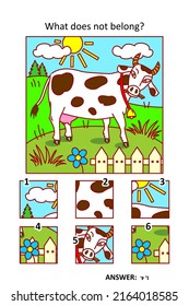 Visual puzzle with picture fragments. Milk cow grazing on the pasture. What does not belong?
