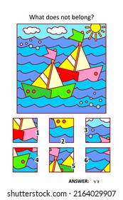 Visual puzzle with picture fragments. Sailboats regatta at the pond. What does not belong?
