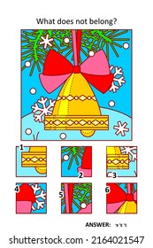 Visual puzzle with picture fragments. Winter holidays bell christmas tree ornament with red bow. What does not belong?
