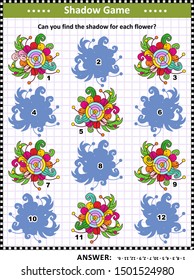 Visual puzzle or picture riddle with decorative whimsical flowers: Can you find the shadow for each flower? Answer included.