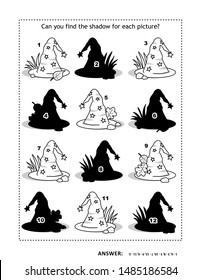 Visual puzzle or picture riddle with Halloween or magician's hats: Can you find the shadow for each picture? Answer included.