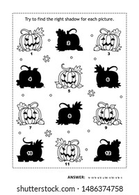 Visual puzzle or picture riddle with Halloween pumpkins: Can you find the shadow for each picture? Answer included.