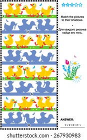 Visual puzzle or picture riddle: Match the pictures of little ducklings to their shadows. Answer included.
